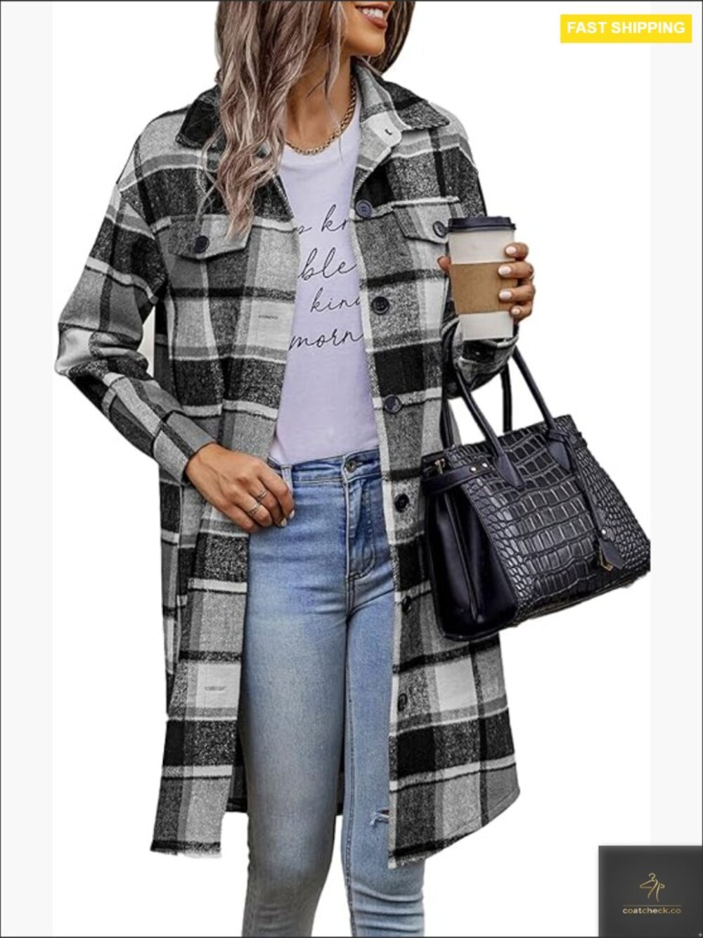 Plaid Shacket Jacket Long Sleeve Button Down Flannel Shirt Winter Coat Oversized